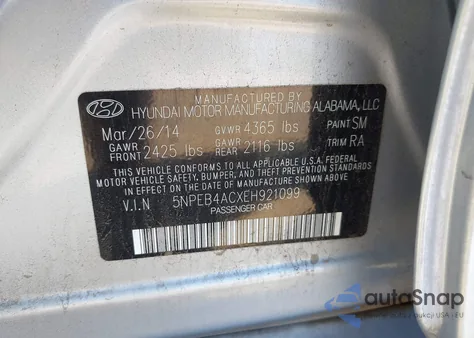 2014 Hyundai Sonata Gls z USA, uszkodzony, nr VIN 5NPEB4ACXEH921099